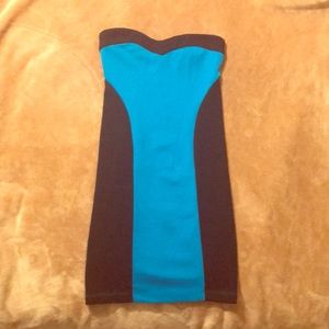 Strapless blue and black slim fitting dress.